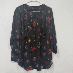 Torrid Harper Blouse 3 Black Celestial Tattoo Skull Heart Roll Tab Sleeve Top